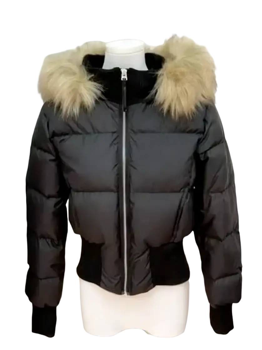 Black women winter puffer coat with faux fur tan hood lining and ribbed cuffs for cold weather protection