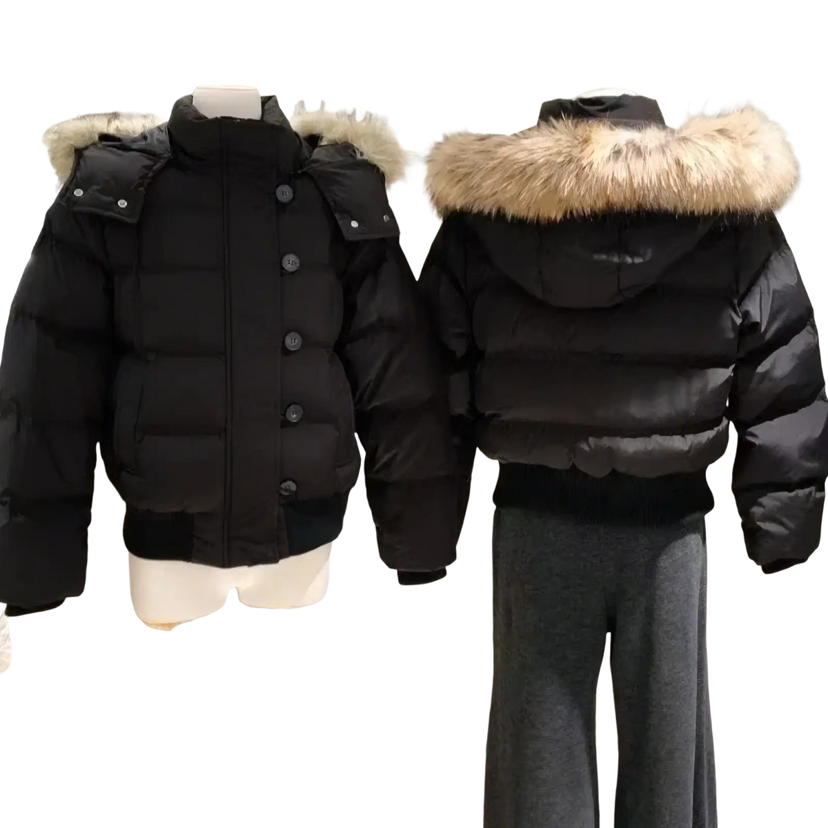 Women winter puffer coat in black with plush light brown faux fur lined hood and front button closure for cold weather
