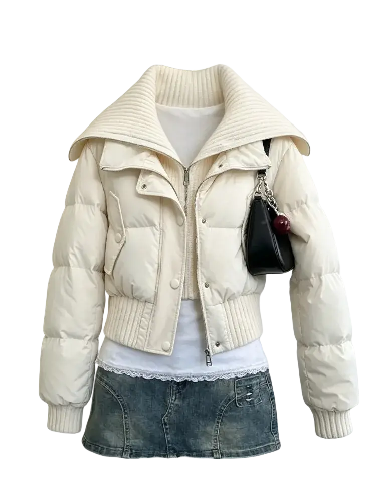 Cream-colored women winter puffer coat with ribbed knit collar cuffs, front zipper, buttoned flap pockets, and faux fur hood