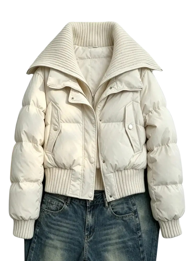 Cream-colored women winter puffer coat with ribbed knit collar cuffs quilted panels and button closures faux fur hood