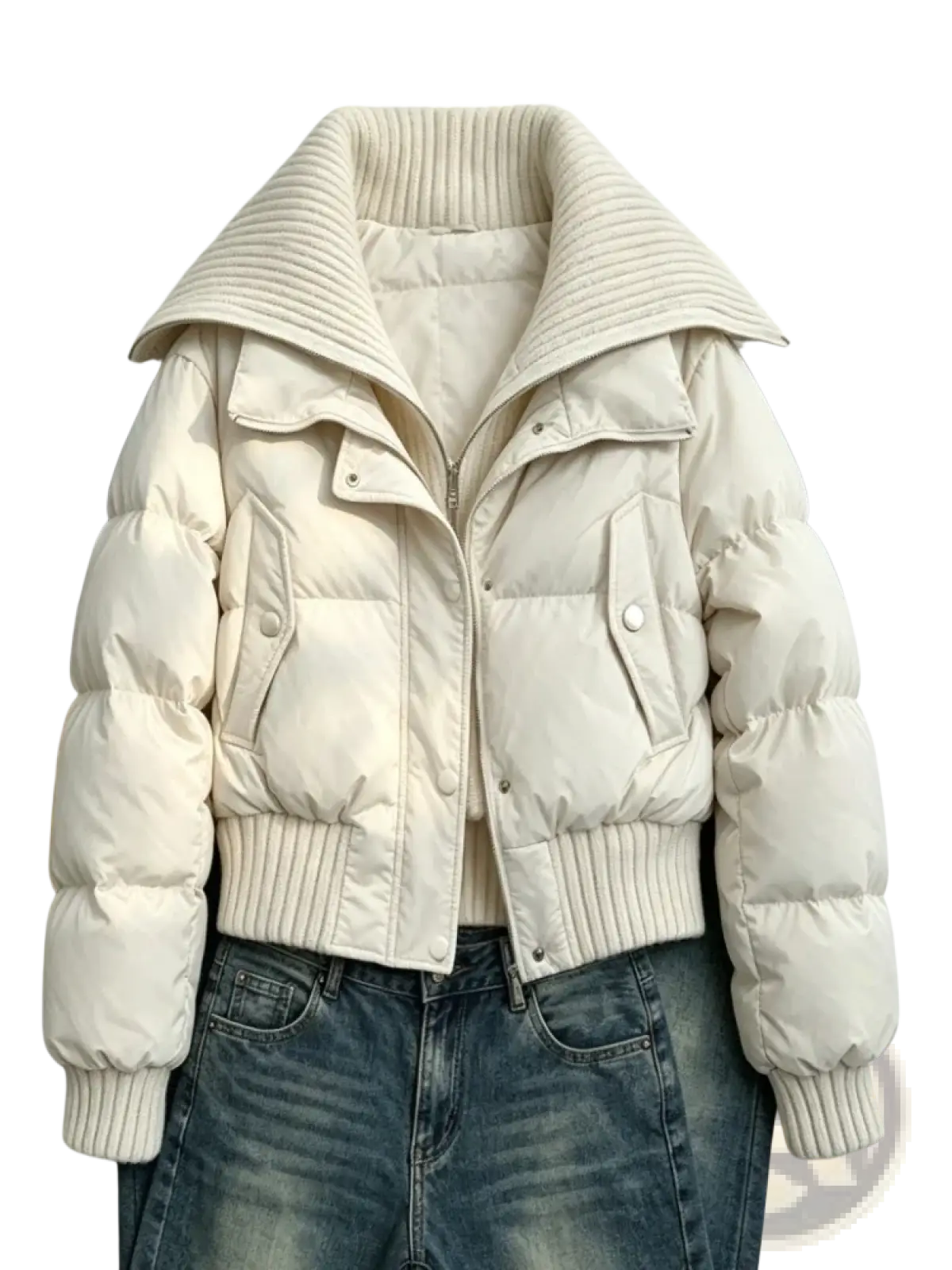 Cream-colored women winter puffer coat with ribbed knit collar cuffs quilted panels and button closures faux fur hood
