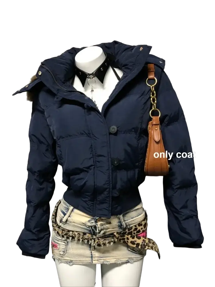 Navy blue women winter puffer coat with faux fur hood and black buttons for cold weather warmth and style