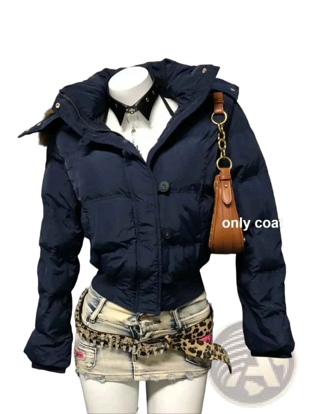 Navy blue women winter puffer coat with faux fur hood and black buttons for cold weather warmth and style