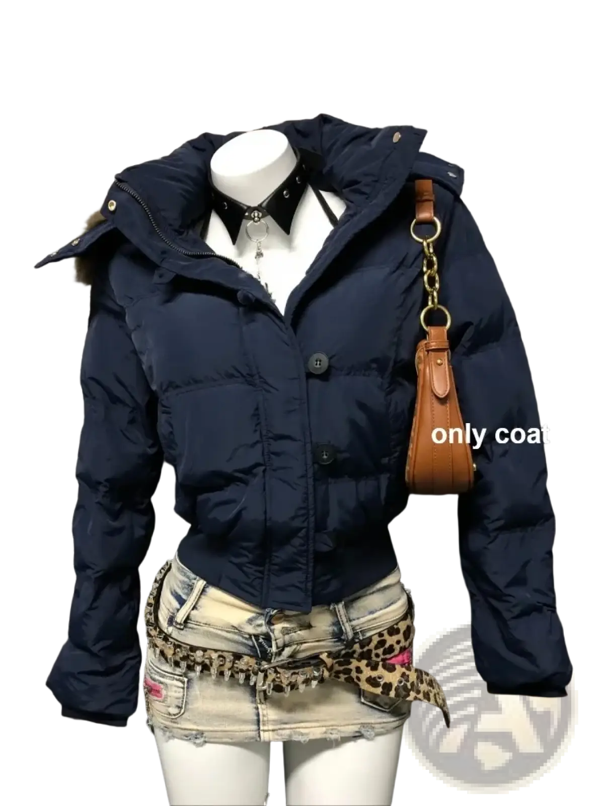 Navy blue women winter puffer coat with faux fur hood and black buttons for cold weather warmth and style