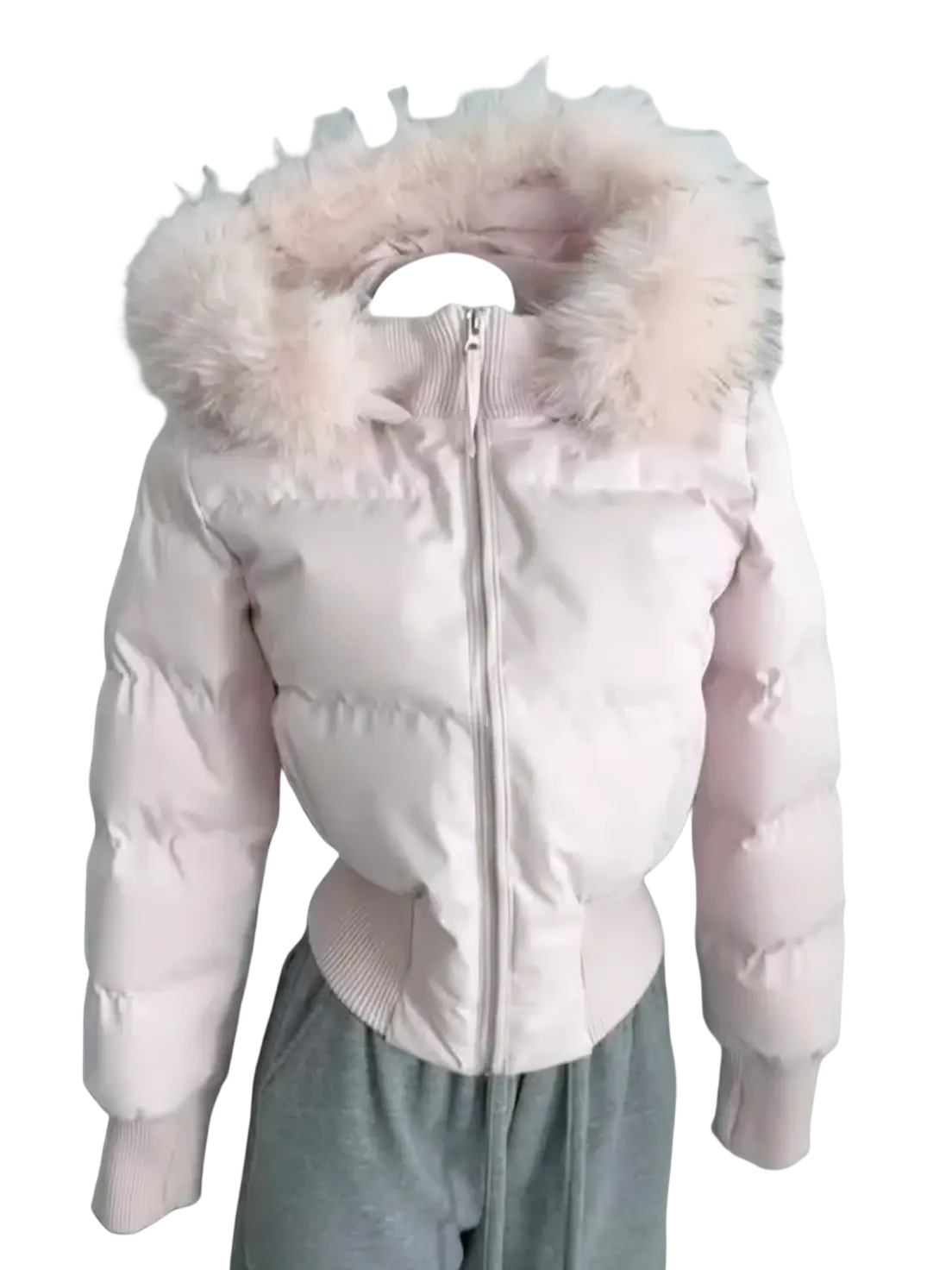 Women winter puffer coat soft pink with faux fur lined hood and ribbed cuffs for cold weather warmth