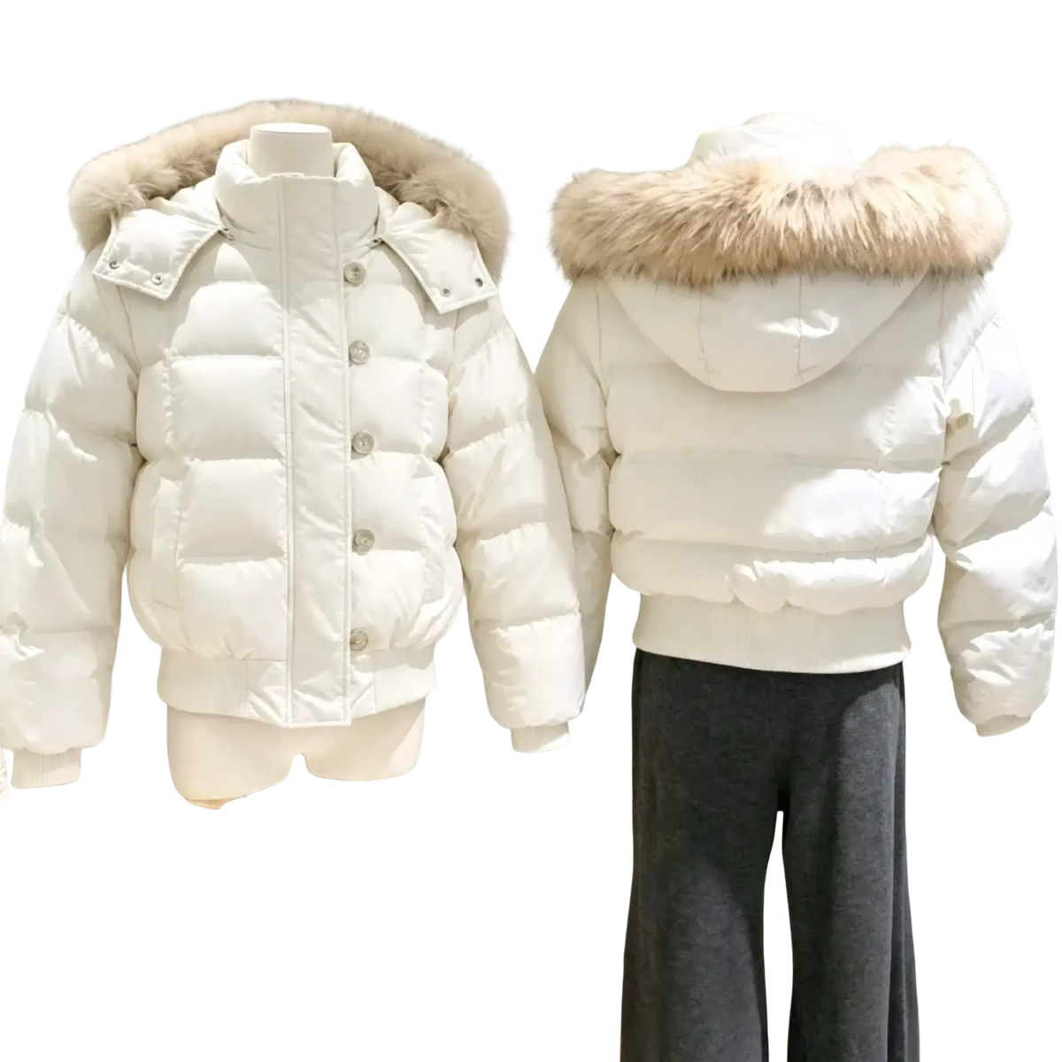 White women winter puffer coat with plush light brown faux fur hood and silver-toned buttons for cold weather