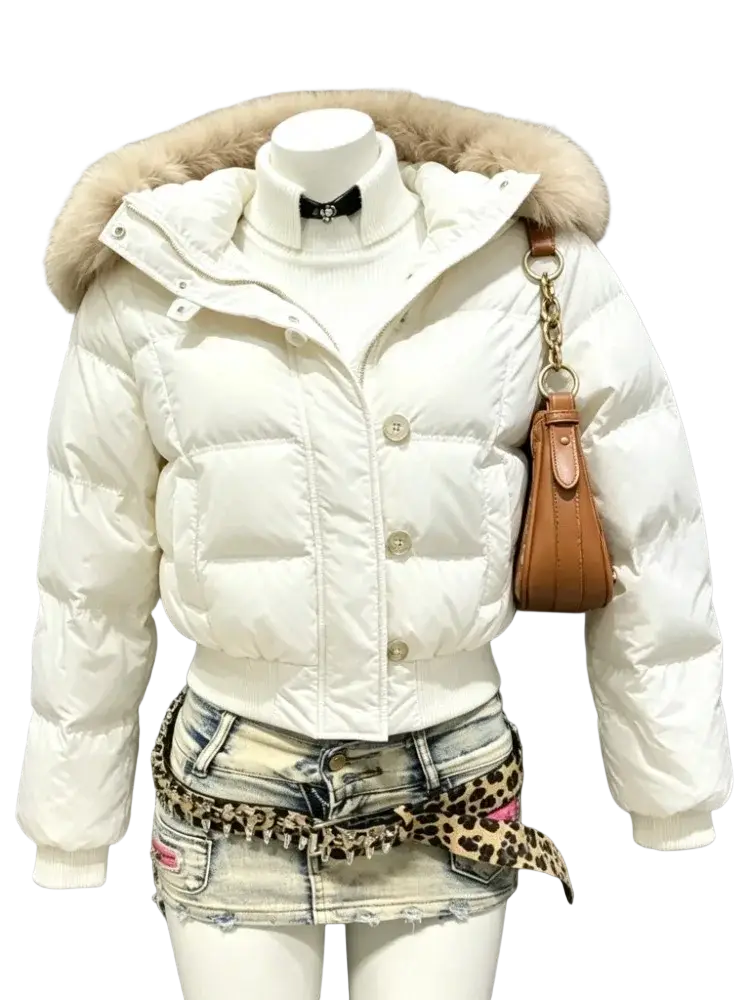 Women winter puffer coat in white with fluffy beige faux fur hood and silver toned buttons for cold weather use
