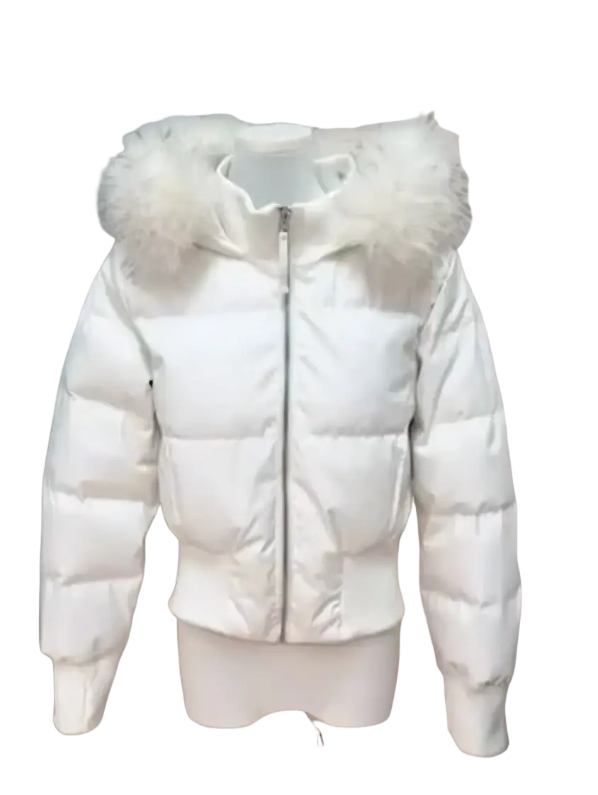 White women winter puffer coat with fluffy faux fur lined hood designed for cold weather use