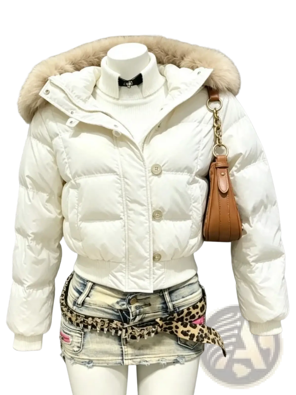 Women winter puffer coat in white with fluffy beige faux fur hood and silver toned buttons for cold weather use