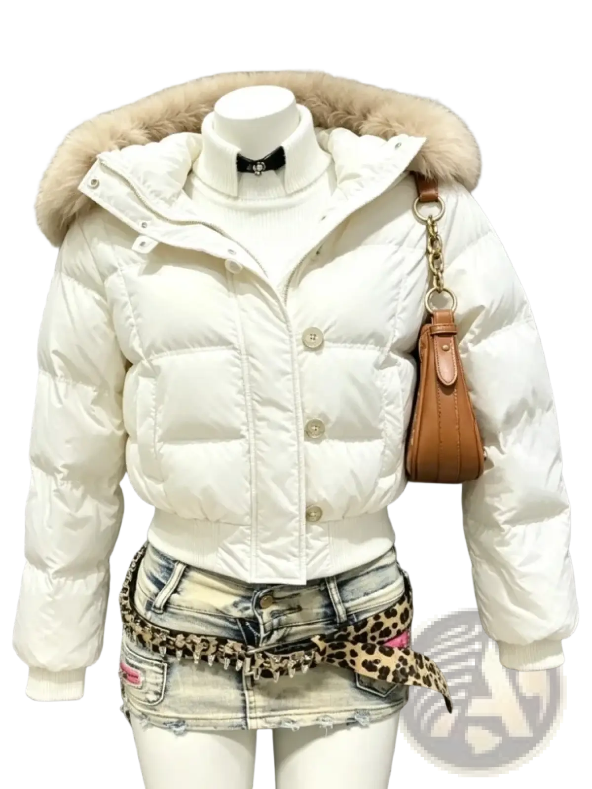 Women winter puffer coat in white with fluffy beige faux fur hood and silver toned buttons for cold weather use