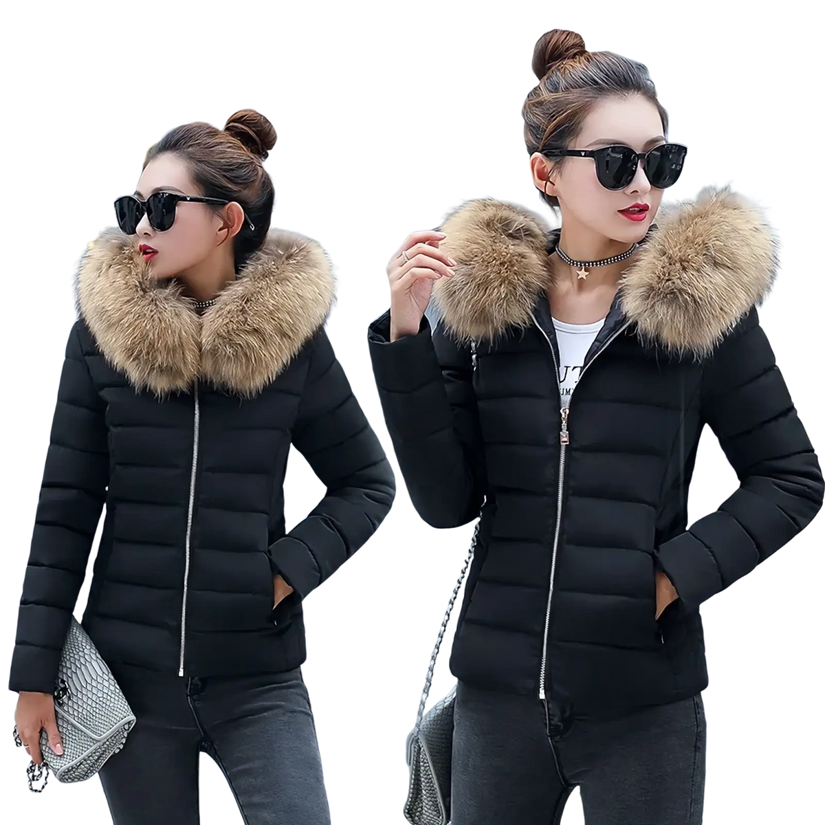 Black women winter puffer coat with hooded plush tan fur collar designed for warmth and style in cold weather
