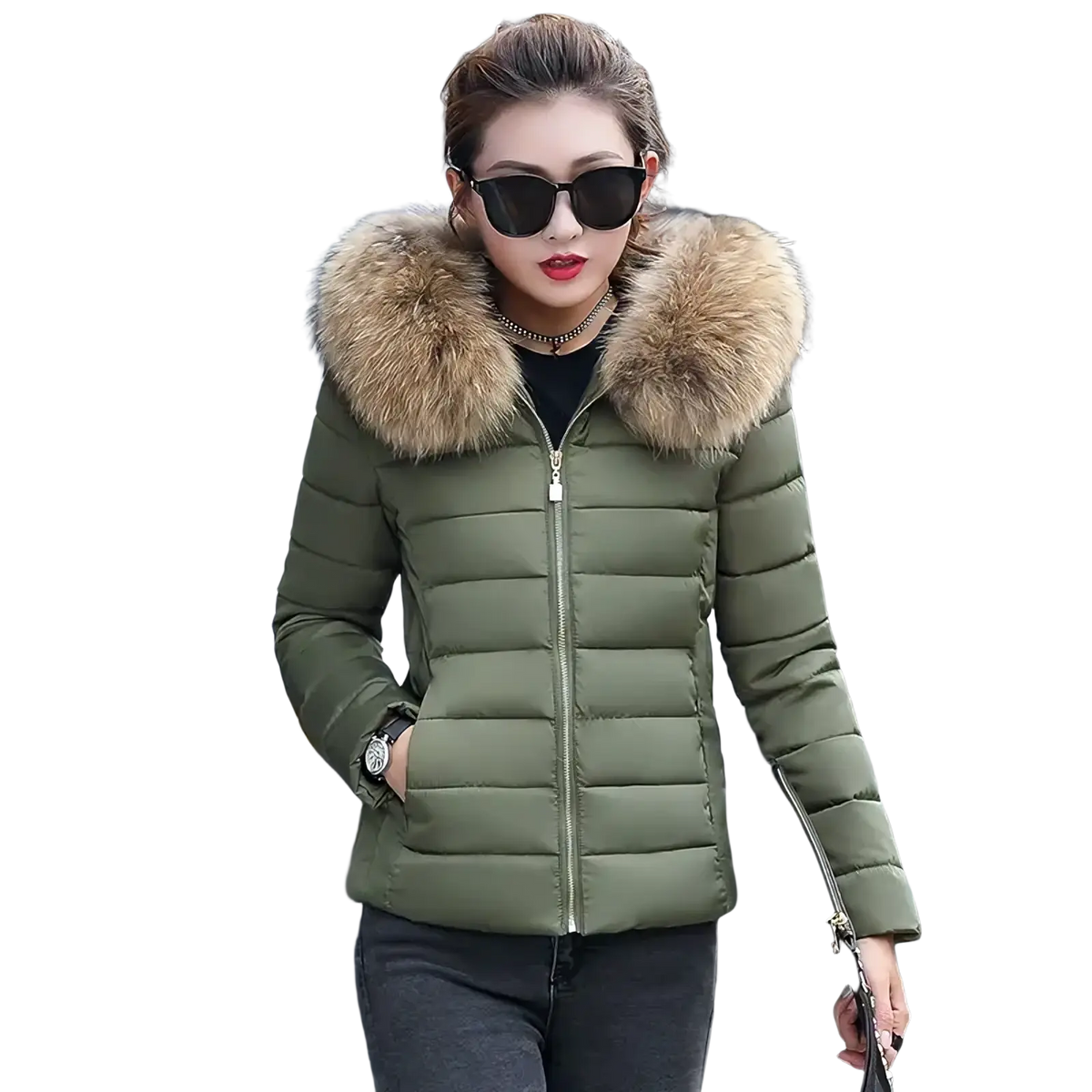 Women winter quilted olive green puffer coat with plush tan fur-lined hood for cold weather protection