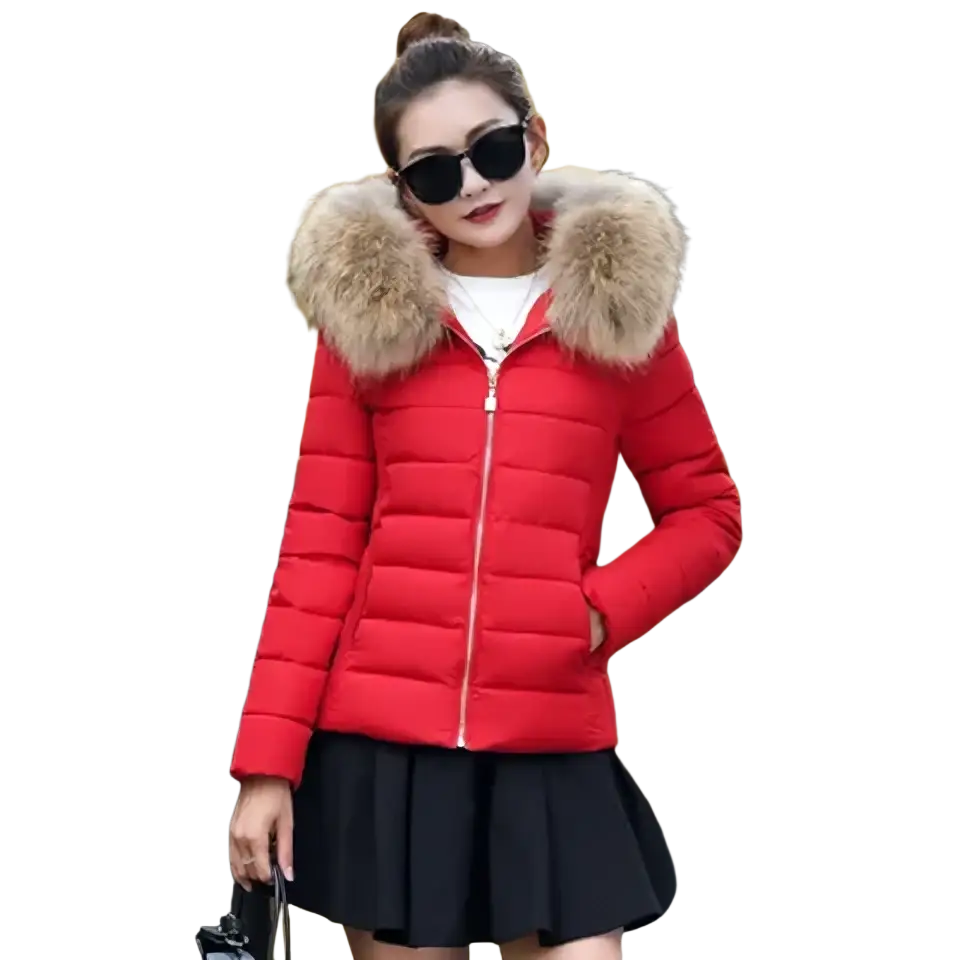 Women winter red puffer coat with plush fur-lined hood warm hooded parka jacket for cold weather