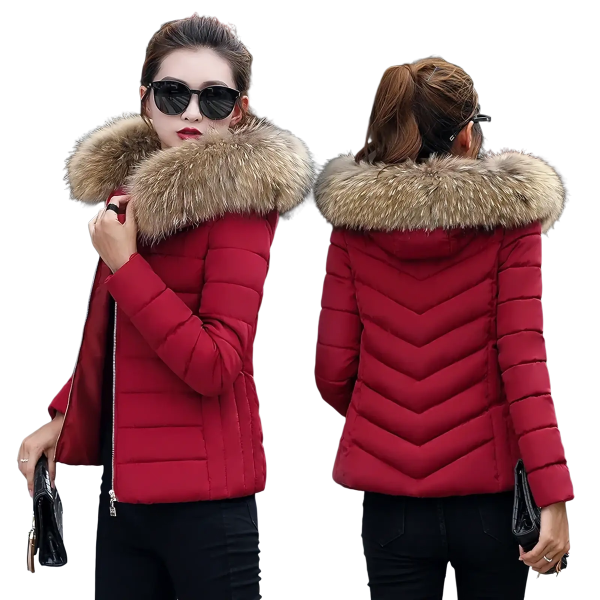 Women winter puffer coat hooded fur parka jacket in red quilted fabric with a plush light brown fur-lined hood
