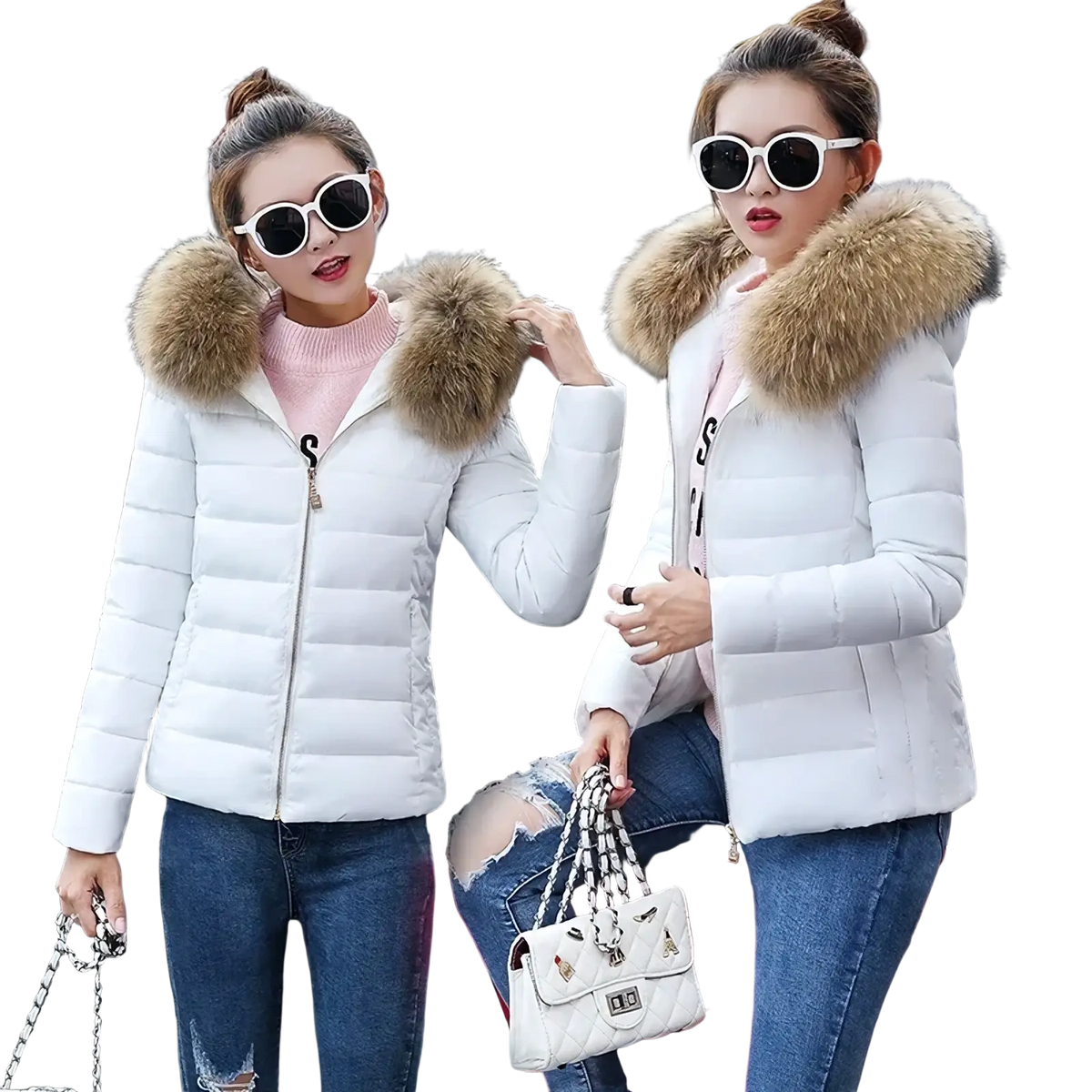 White women winter puffer coat with a plush tan fur-lined hood designed as a hooded fur parka jacket