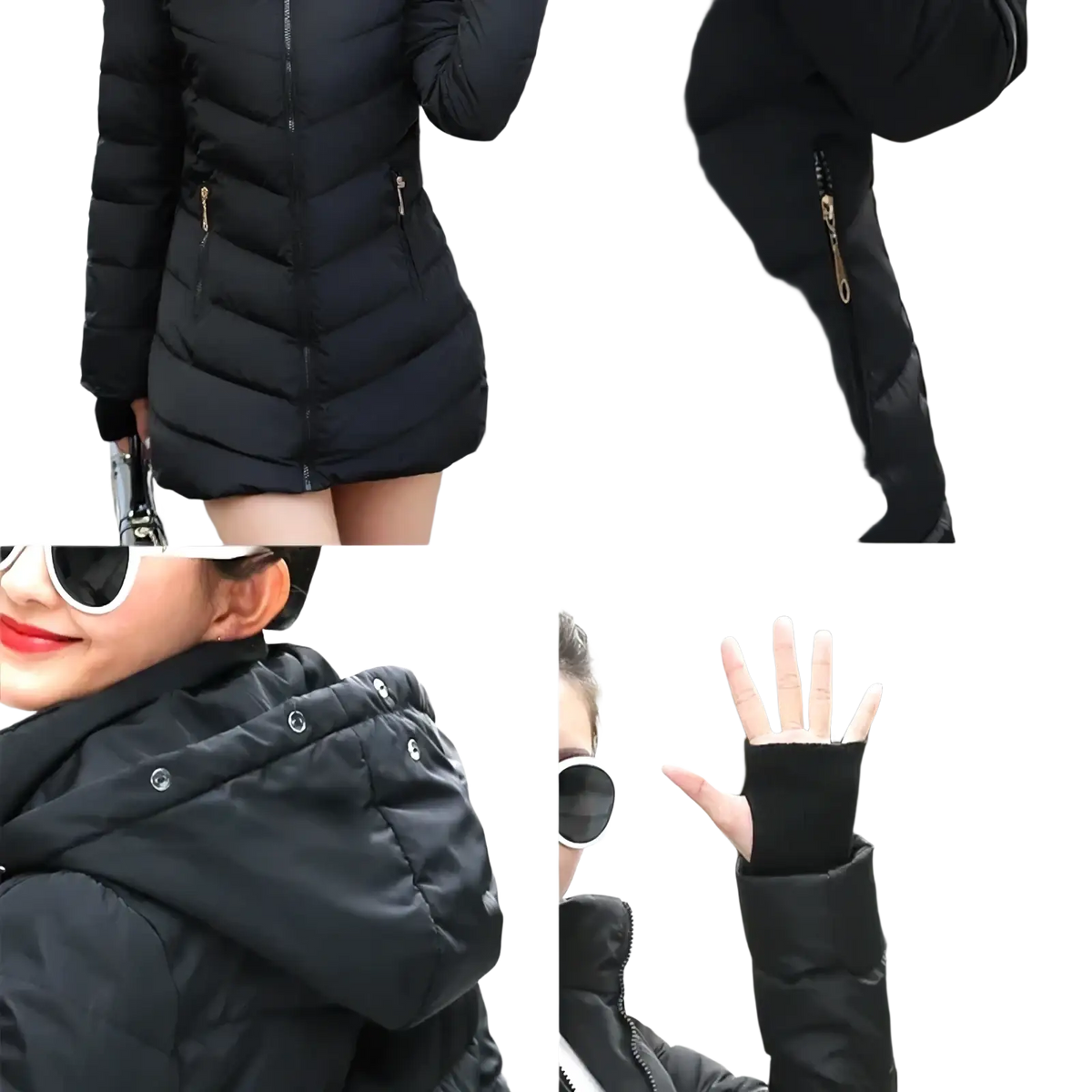 Women winter puffer coat in black with quilted design gold-tone zippers slim warm hooded parka