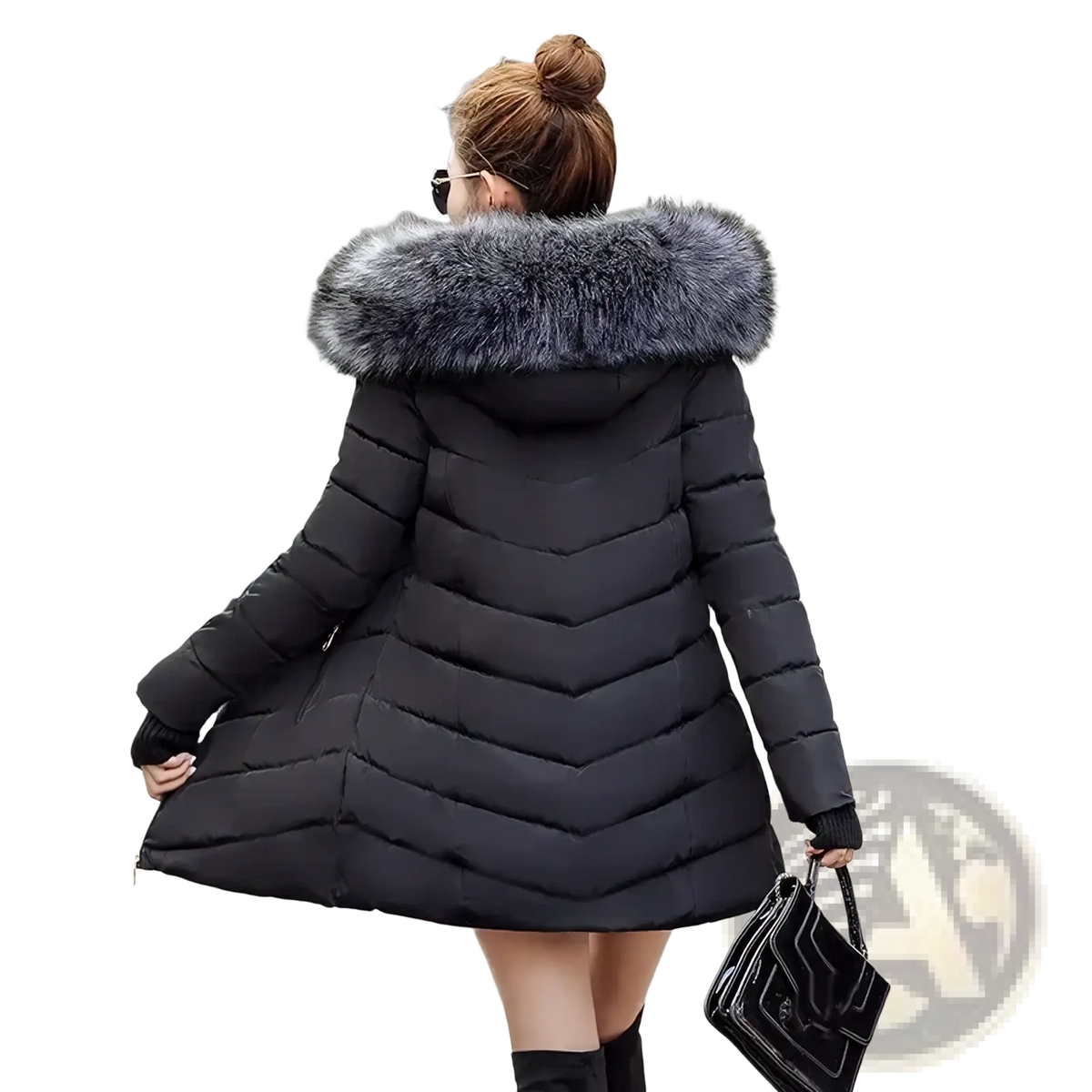 Black women winter puffer coat with slim fit, plush gray fur-lined hood, and chevron stitching for warmth and style