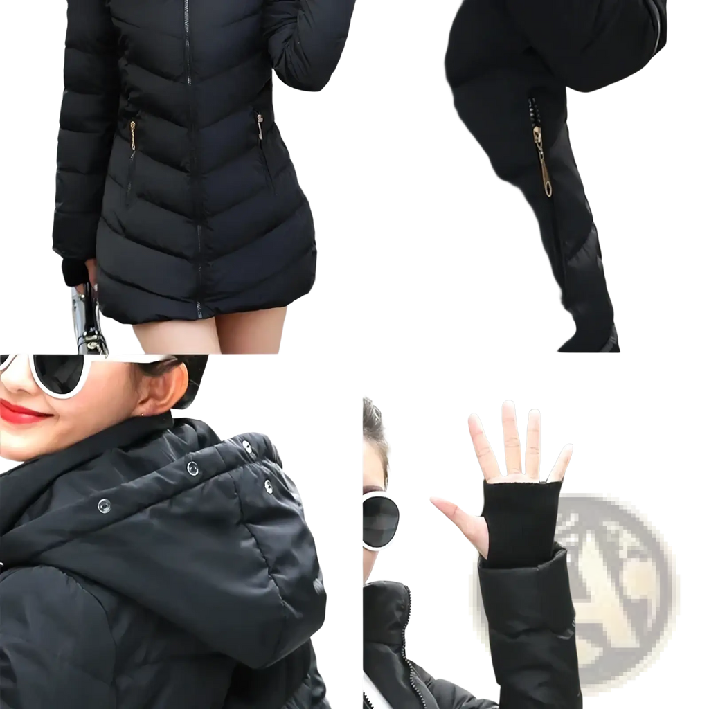 Women winter puffer coat in black with quilted design gold-tone zippers slim warm hooded parka