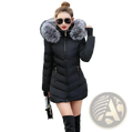 Black women winter puffer coat with a slim fit and plush gray fur-lined hood for warmth and style