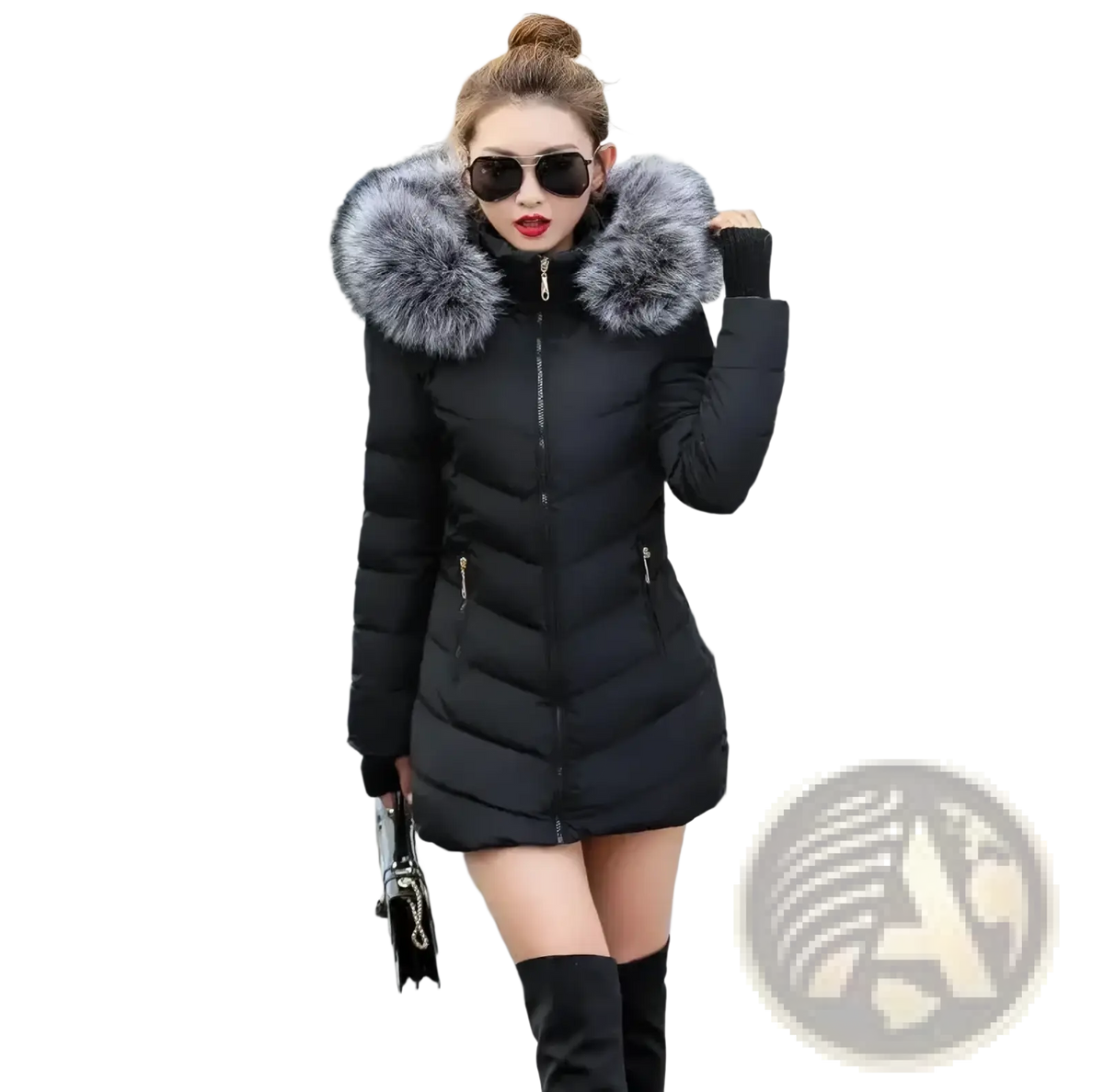 Black women winter puffer coat with a slim fit and plush gray fur-lined hood for warmth and style