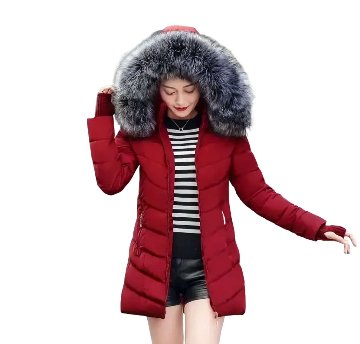 Women winter puffer coat slim warm parka in burgundy with large fluffy gray fur-lined hood for cold weather