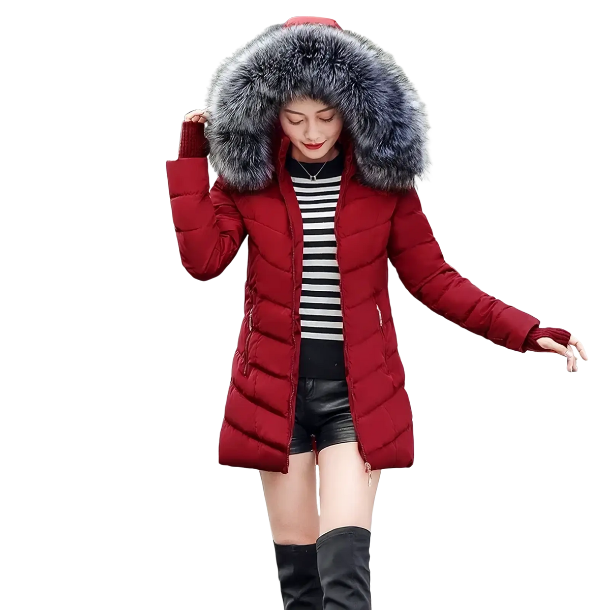 Women winter puffer coat in red with a slim fit and large fluffy gray fur-lined hood for warmth and style