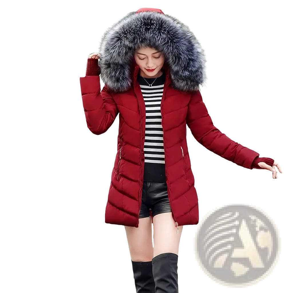 Women winter puffer coat in red with a slim fit and large fluffy gray fur-lined hood for warmth and style