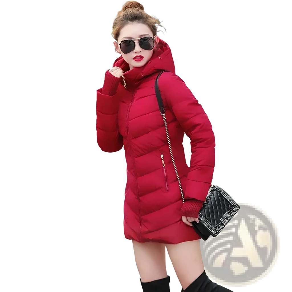 Women winter puffer coat slim warm hooded parka in vibrant red quilted material with zipper closure