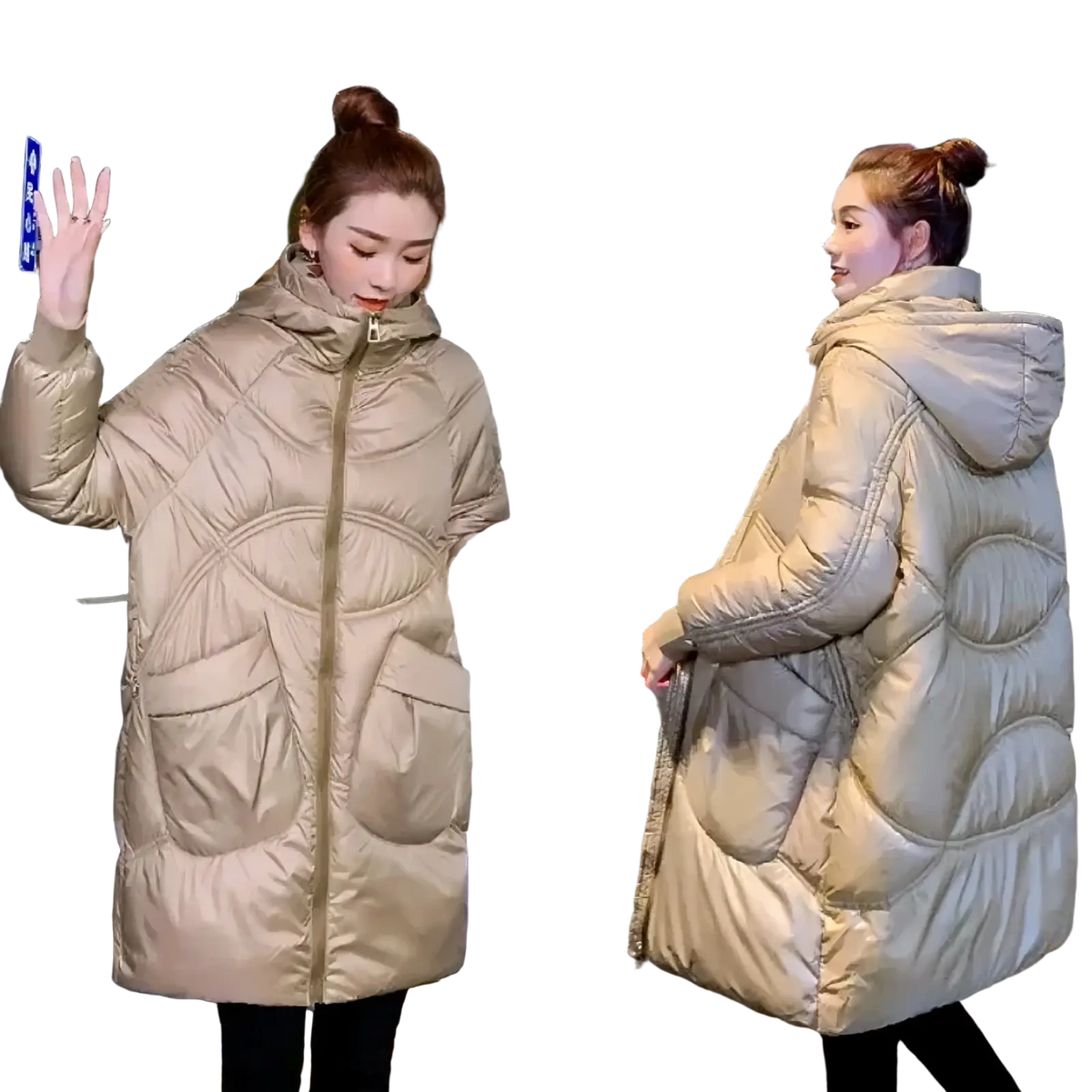 Beige quilted puffer coat with thick hood and front zipper designed for women winter outerwear