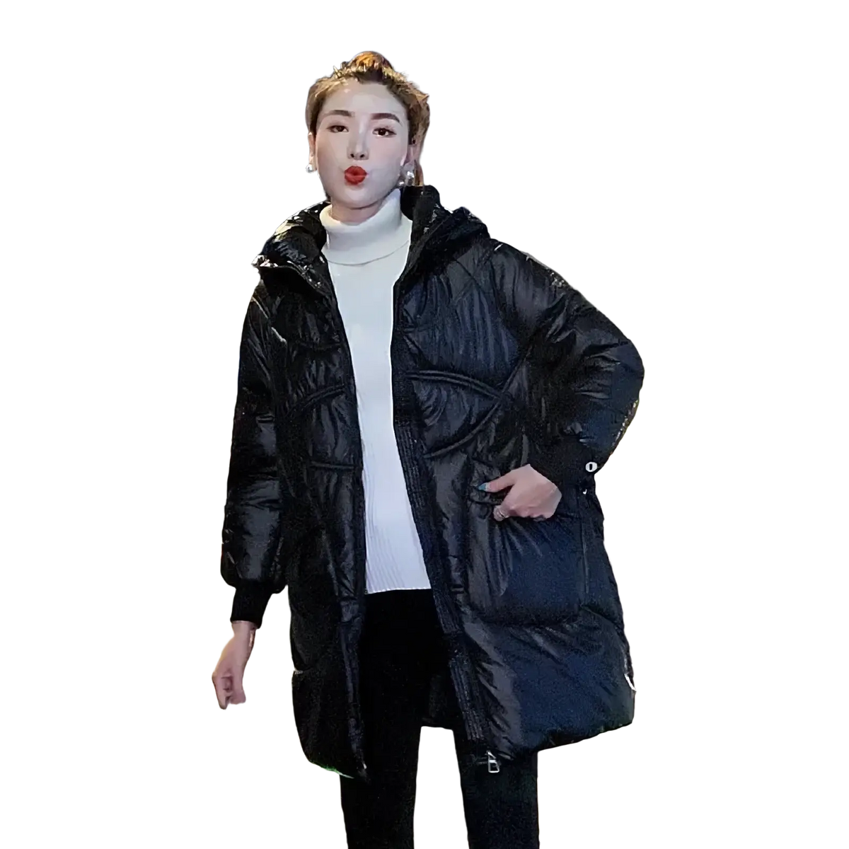 Black quilted puffer coat with shiny glossy finish and hood designed as a women winter thick hooded jacket