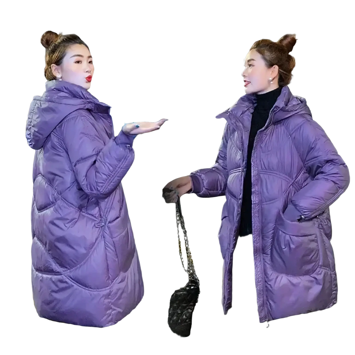 Women winter purple quilted puffer coat with thick hooded jacket and front pockets for cold weather use