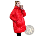 Vibrant red quilted women winter puffer coat thick hooded jacket with front pockets for cold weather use
