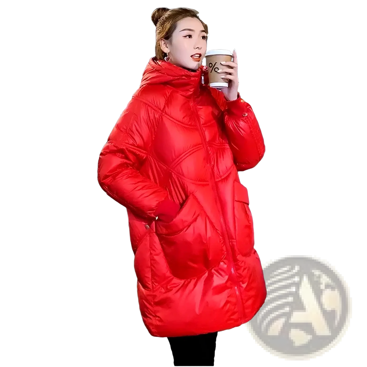 Vibrant red quilted women winter puffer coat thick hooded jacket with front pockets for cold weather use
