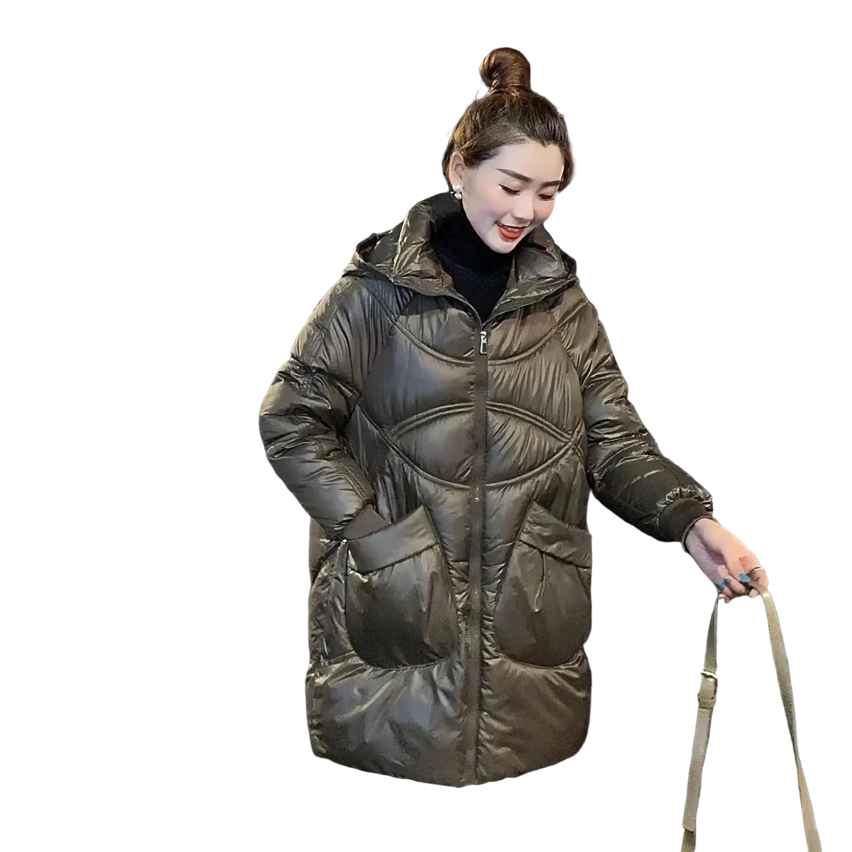 Women winter puffer coat in shiny olive green quilted fabric with thick hood and front pockets for cold weather