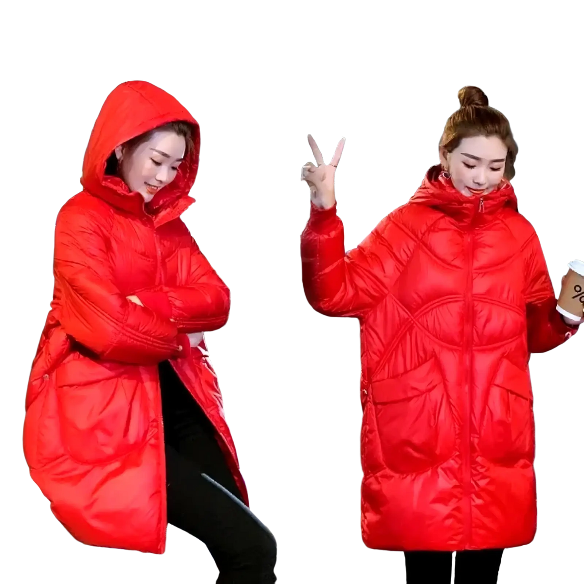 Vibrant red women winter puffer coat with a thick quilted design and hood for cold weather protection