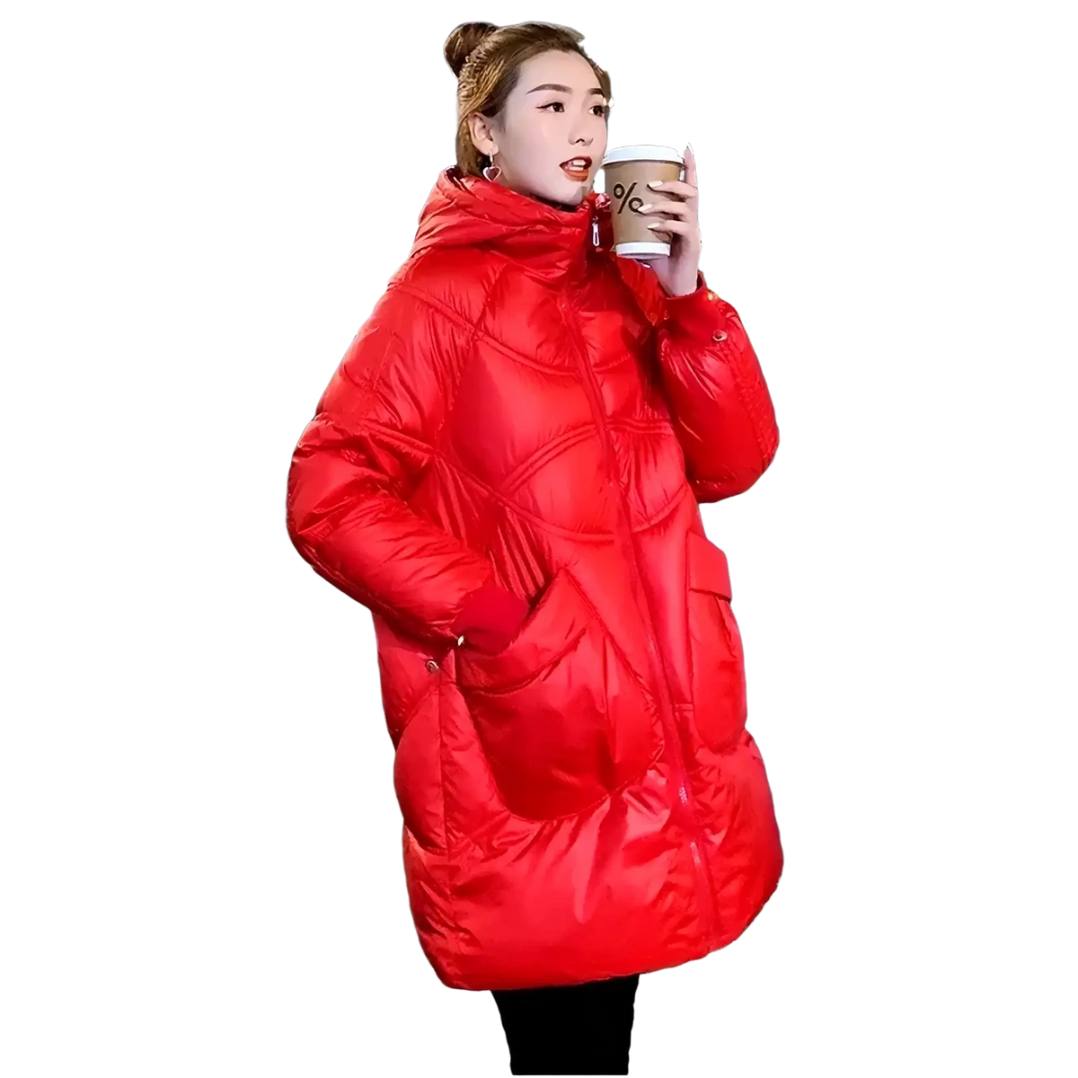 Vibrant red quilted women winter puffer coat thick hooded jacket with front pockets for cold weather use