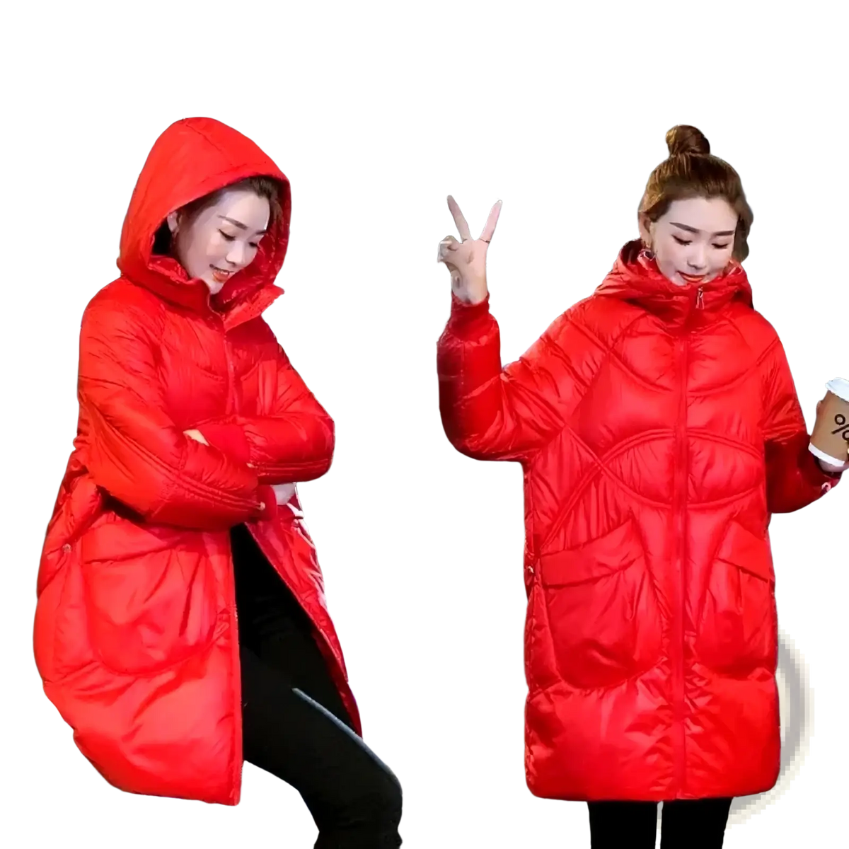 Vibrant red women winter puffer coat with a thick quilted design and hood for cold weather protection