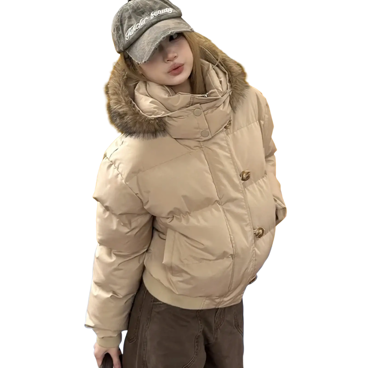 Beige women winter puffer jacket with fur-lined hood and button closures designed for cold weather parka use