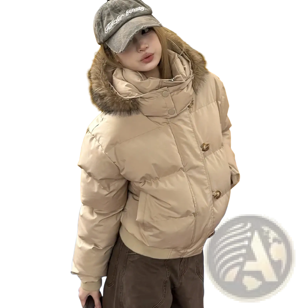 Beige women winter puffer jacket with fur-lined hood and button closures designed for cold weather parka use