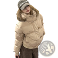 Beige women winter puffer jacket with fur-lined hood and button closures designed for cold weather parka use
