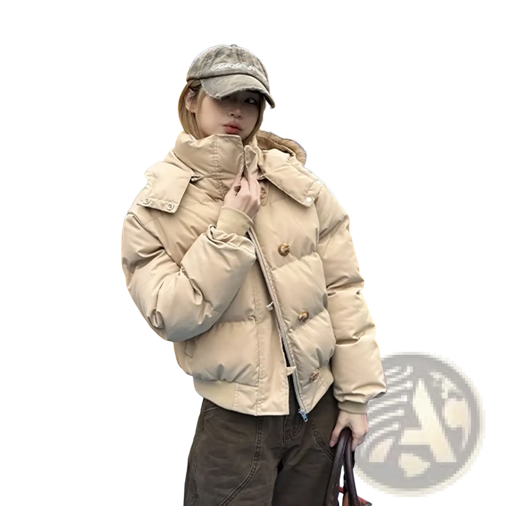 Beige women winter puffer jacket with fur-lined hood and gold-tone buttons designed for cold weather use
