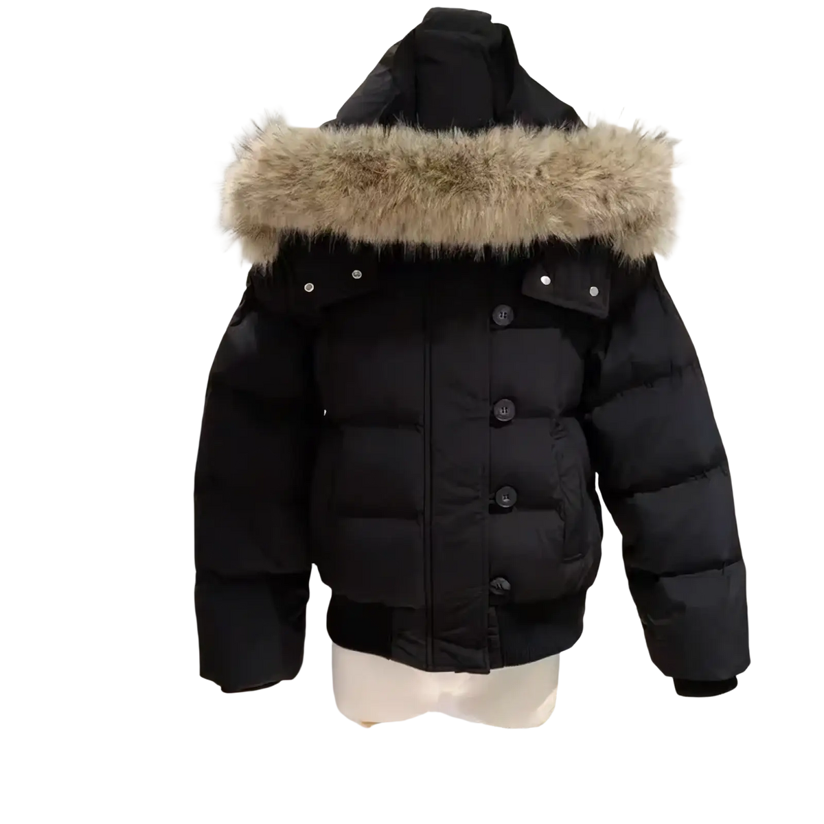 Women winter puffer jacket in black with a fluffy beige fur-lined hood and silver-toned buttons for cold weather