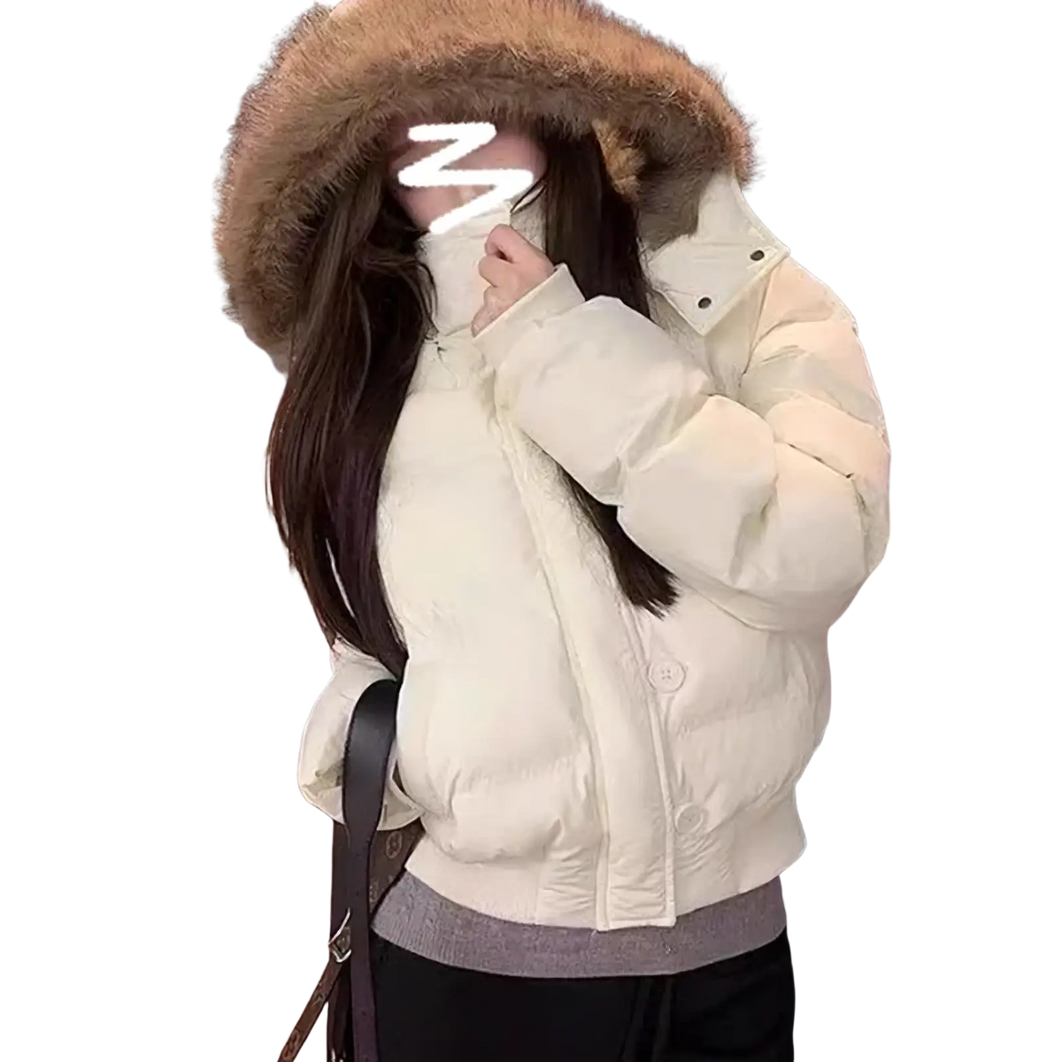 Cream-colored women winter puffer jacket with plush brown fur-lined hood designed for cold weather use