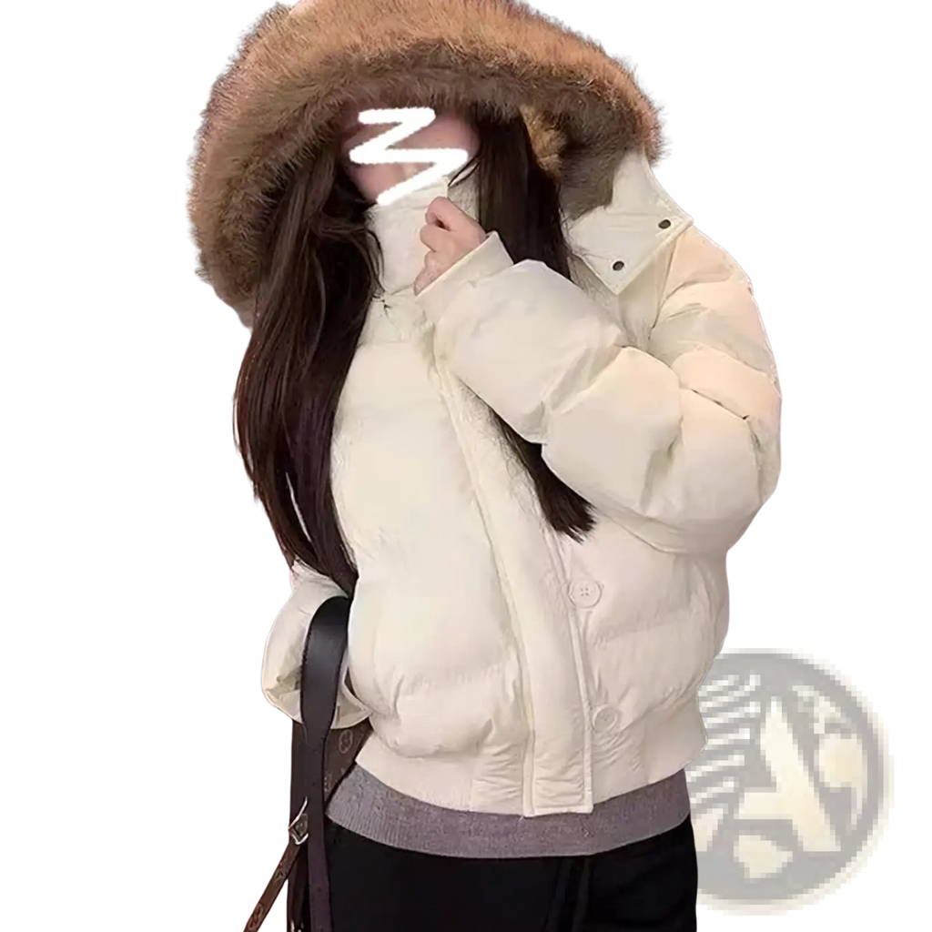 Cream-colored women winter puffer jacket with plush brown fur-lined hood designed for cold weather use