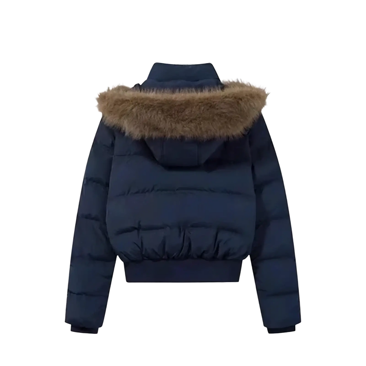 Dark blue women winter puffer jacket with tan fur lined hood designed for cold weather protection