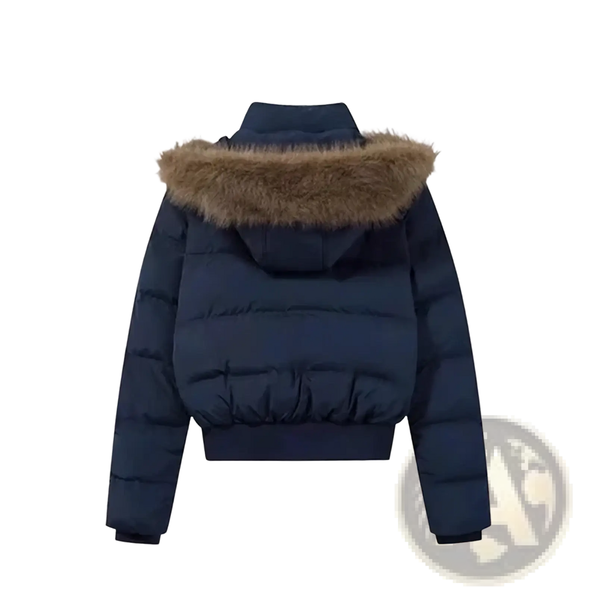 Dark blue women winter puffer jacket with tan fur lined hood designed for cold weather protection