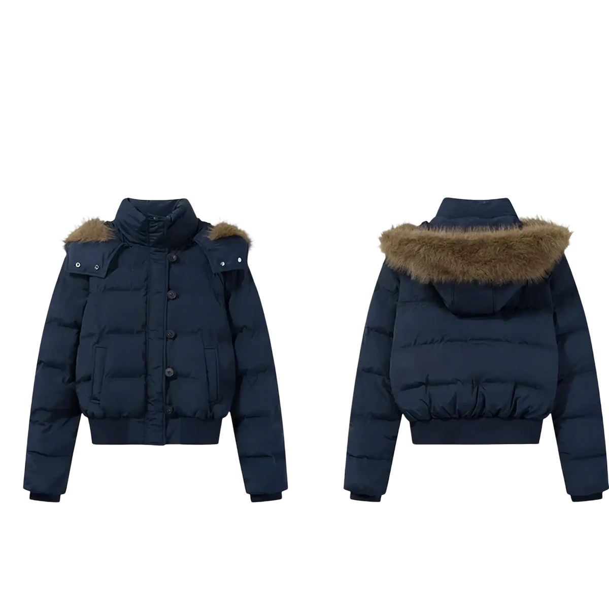 Dark navy women winter puffer jacket with fur-lined hood and front button closure for cold weather wear