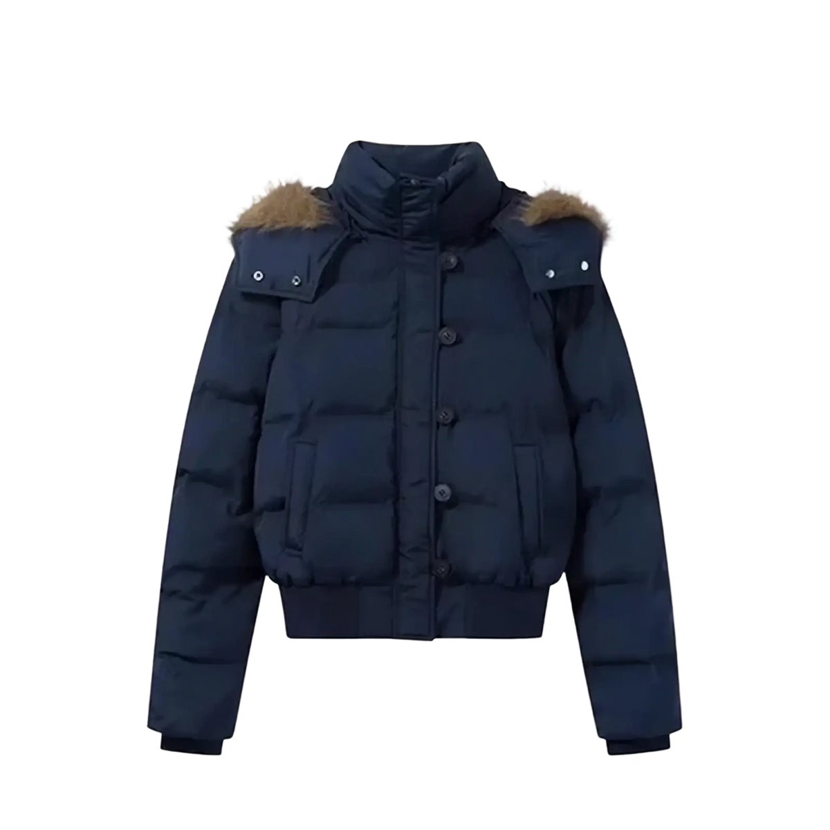 Dark navy women winter puffer jacket with fur-lined hood and front button closure for cold weather use