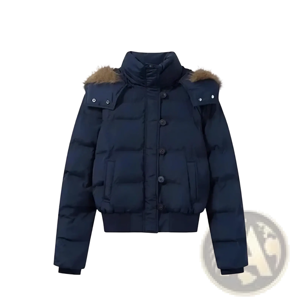 Dark navy women winter puffer jacket with fur-lined hood and front button closure for cold weather use