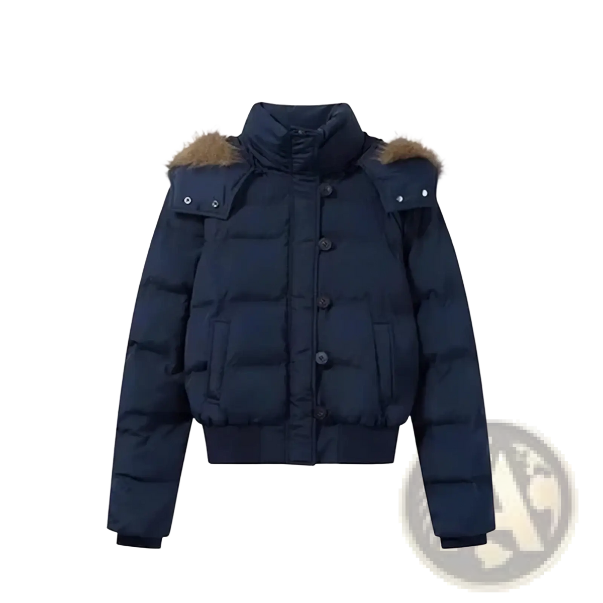 Dark navy women winter puffer jacket with fur-lined hood and front button closure for cold weather use